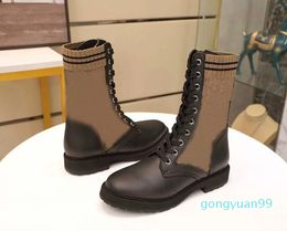 2022 new Luxury Designer Woman Black Leather Biker Boots with Stretch Fabric Lady Combat Ankle Boot Flat Shoes EUR 35-42