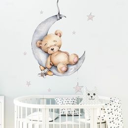Cartoon Teddy Bear Sleeping on the Moon and Stars Wall Stickers for Kids Room Baby Decoration Decals Interior 220716