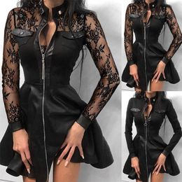 Fashion Dresses Women Lace Long Sleeve Zipper Pocket Large Hem Faux Leather Mini Party elegant slim Sexy 220521