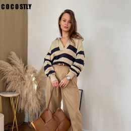 Office Lady Striped V Neck Wool Women Sweaters Polo Shirt Long Sleeve Oversized Casual Pullovers Female 220714