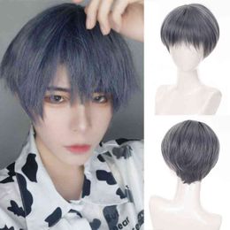 AILIADE Short Curly Synthetic Men's Wig Black Hair with Heat Resistant Stripes Middle Part Cosplay Halloween wig220505