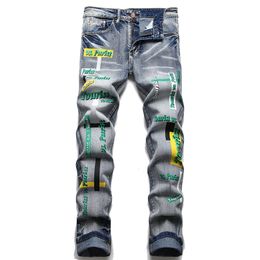 Retro Blue Ripped Punk Style Men's Jeans Stretch Slim-fit Letter Print Denim Pants Fashion Casual Trousers Vaqueros de hombre