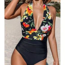 Body Mechanics Clothing Navy and Floral Halter High-waisted Bikini Sets Swimsuit For Women Sexy Tank Two Pieces Swimwear Beach Bathing Suit