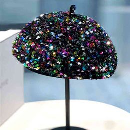 2021 New Sequins Beret Women Spring Fashion Trend In Europe And America Elegant Temperament Octagonal Painter Hat Cap Hat J220722