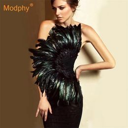 Summer New Sexy Black Strapless Bandage Dress Sleeveless Feather Dress Bodycon Vestidos Club Celebrity Party Dress 210302