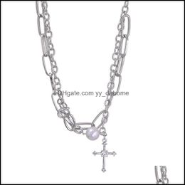 Pendant Necklaces Pendants Jewelry Metal Rhinestone Cross Design High Quality Dark Black Style Pearl Clavicle Chain Millennial Punk Sier M