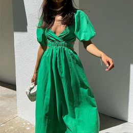 Foridol V Neck Waist Cut Out Elastic Cotton Green Dress Lantern Sleeve Backless Maxi Summer Dress Elegant Ladies Long Sundress 220511