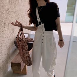 Denim Overalls Jeans Women Jumpsuit White Black High Waist Jeans Mujer Romper Solid Loose Casual Straight Jeans Jumpsuit 201029