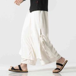 2022 Men Linen Harem Pants Men Breathable Solid Colour Irregular Wide Leg Pants Male Street White HanFu Kongfu Skirt Trousers 5XL L220706