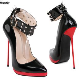 Women Platform Pumps Ankle Strap Studded Sexy Stiletto Heels Pointed Toe Classic Black Red Night Club Shoes Women US Size 6-10.5