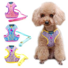 Dogs Cat Collars Lace Harness Vest Pet Products Adjustable with Bell Walking Lead Leash Puppy Polyester Mesh Harness for Small Medium Dog 20220514 D3