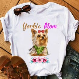 Kawaii Yorkie Mom Graphic Tee Print T-shirt Women Dog Lover Flower Femme Harajuku Shirt Summer Tops Fashion T Female
