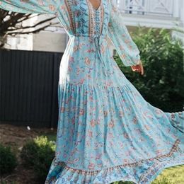 Bohemia Buttons V neck Mint Green Floral Print BOHO Long Sleeve Dress Woman Bow Strappy Lacing up Waist Holiday Dresses 220511