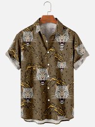 Men's Casual Shirts Hawaii Men Leopard Print Shirt Vintage Clothing Loose Hip Hop Buttom Short Sleeve ShirtMen's