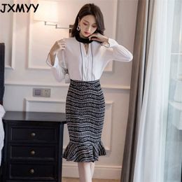 JXMYY fashion mid-length stretch print plus size half-length fishtail skirt bag hip skirt temperament all-match female skirt 210412