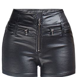 DEAT Spring And Summer Pu Leather High Waist Solid Colour Elastic Slim And Hip Lifting Women's Shorts 7DS230 220419