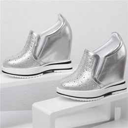 Fashion Dress Shoes Casual Women Genuine Leather Wedges High Heel Platform Pumps Female Round Toe Fashion Sneakers Rhinestones