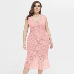 Plus Size Dresses Women Lace Dress Solid Pink Short Sleeve Larges Big Curve V-neck Party Clothes Casual Wear For Female SuitsPlus