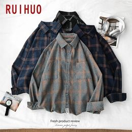 RUIHUO Plaid Casual Shirts For Men Clothing Black Long Sleeve Fasion M-5XL Arrival 220401