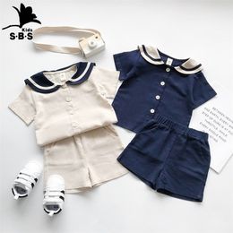 Japanese and Korean Bear Mood Navy Style Kids Sailor Collar Cotton Linen T Shirt Pants 2pcs Summer Clothes Set Boys Girls Suit 220615