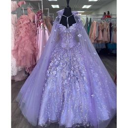 Princess Lavender Quinceanera Sweet 16 платья 3D цветочные кружевные аппликации с плечами платья Brithday с обертывающимися шнуровками цветы PROM бальные платья выпускные 7-е платье