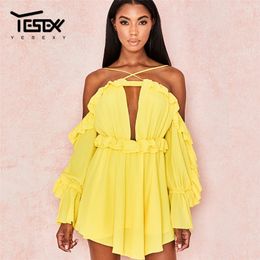 Yesexy 2020 Summer Chiffon Ruffles Deep V Sexy Women Overalls Off the Shoulder Backless Solid Rompers Women Jumpsuit VR1156 T200704