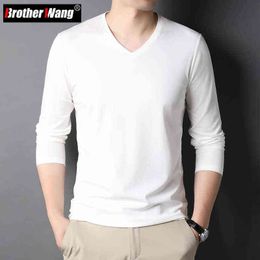 Spring Men's Casual Solid Color Long Sleeve T-Shirt Mulberry Silk Fabric High Quality Business V-neck Bottoming Shirt Male Brand T220808