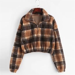 Sweatshirt Women Casual Long Sleeve Plaid Crop Sweatshirt Turndown Collar Coat Top Blouse Women s Sweatshirt # LJ201103