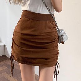 Skirts Sexy Slim Hip Women Mini Skirt Lady Winter Elastic High Waist A-Line Solid Shirring Pleated Skinny Fashion StreetwearSkirts