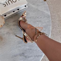 Metallic Crystal Ankle-Tie Sandals Women Lace up Rhinestones Luxury Design High Heels Spring Runway Shoes 220509