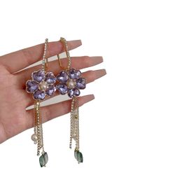 Dangle & Chandelier Korean Flower Drop Women Earrings 2022 Trend Ladies Fashion Purple Crystal Chain Tassel Summer Holiday Brincos Jewelry