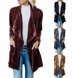 Women's Trench Coats Female Long Solid Colour Cardigan Turn Down Collar Pockets Golden Velvet Outerwear Warn Winter Mujer Coat 2022