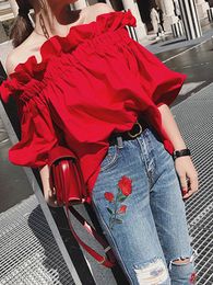 Women's Blouses & Shirts Solid Red Women Blouse Half Sleeve Chic Lotus Leaf Elastic One Word Collar Off Shoulder Shirt Womens De MujerWomen'