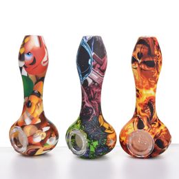 Silicone Hand Pipe 5 inch smoke Mini pipes 120mm with glass bowl water transfer printing Food Grade Silicon