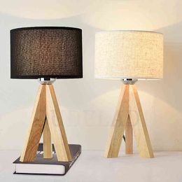 Wooden Table Lamp With Fabric Lampshade Wood Bedside Desk lights Modern Book Lamps E27 110V 220V Reading Lighting Fixture H220423