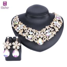 Women Bridal Rhinestone Crystal Teardrop Wedding Statement Necklace Earring Collar Boho Jewelry Sets For Brides Formal Dress