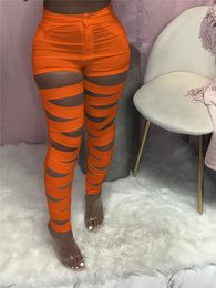 Women's Leggings CHRONSTYLE 2022 Hollow Out Lace Up Sexy Pencil Pants Women High Waist Bandage Clubwear Party Female Solid Bottoms