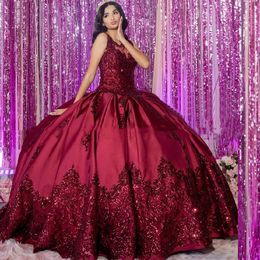 Vestidos de 15 Anos Ball Gown Quinceanera Dresses 2022 Burgundy Satin Sweet 16 Debutante Gown Juniors Formal Prom Dress Sleeveless O-Neck Glitter Brithday Party Wear