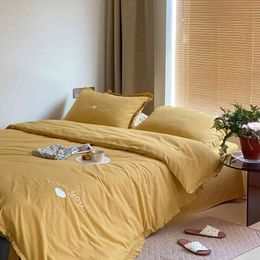 Tupufang New Style Wind Wood Ear Korean Washed Cotton Four Piece Set Solid Color Pure Embroidery Bedding