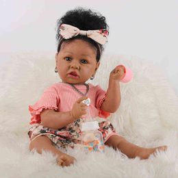 hair color for skin Australia - 58CM Reborn Toddler Saskia In Dark Brown Skin Color Soft Body African American Cuddly Princess Baby Girl Doll Hand-rooted Hair AA220325