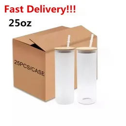 Fast Delivery Sublimation 25oz Glass Mugs Transparent Clear And Frosted Water Bottle With Lid Straw