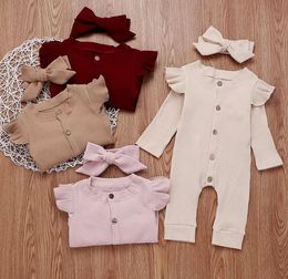 2019 explosion models autumn and winter bow headdress striped female baby solid color round neck long-sleeved button conjoined