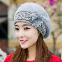 Winter Christmas Super Warm Hats Caps For Women Beret Rabbit Real Fur Casual Caps Fashion AllMatch Berets Stewardess Hats J220722