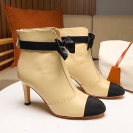 Channel High Shoe Knot Leather Butterfly Top-quality Genuine Heel Boots Design Elegant Ladies Shoe Mix Colour Short Ankle Boot Autumn Winter Women Shoes