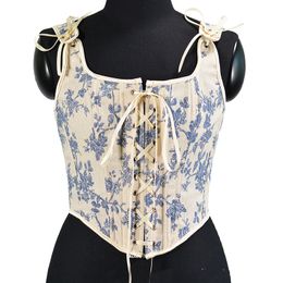 Women Corset Crop Tanks Fashion Linen Floral Tupe Tops Vintage Plastic Boned Overbust Bustier Camis Cyber Baby Tee Gothic Aesthetic Grunge Fairy Core Ropa Fairycore