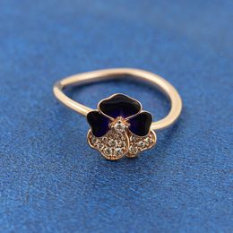 18CT Rose Gold Plated Deep Purple Pansy Flower Cz Stones Ring Fit Pandora Charm Jewelry Engagement Wedding Lovers Fashion Ring