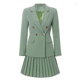 Two Piece Dress Boutique Gentle Style High Quality Skirt Set Slim Suit Jacket Short Pleated Army Green Light Luxury Fashion Office Lady1