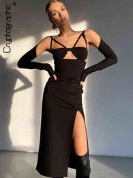 Cryptographic Elegant Sexy Backless Cutout Slit Long Sleeve Maxi Dress New Outfits For Women Party Club Bandage Dresses Clothing J220519