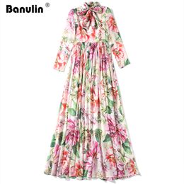 Banulin Runway Maxi Dresses Summer Women Floral Print Sashes robe femme Boho Holiday Big Swing Chiffon Long Dresses + Scarf 220516