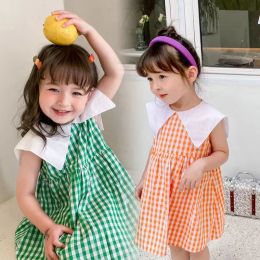 Summer Baby Girls Casual Plaid Dress Turn-down Collar Princess Dress Children Kids Cotton Dresses